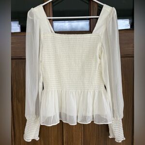 NWOT Women's Nine West Daisy‎ Dew Smocked Sheer Sleeve Ivory Blouse Size Medium